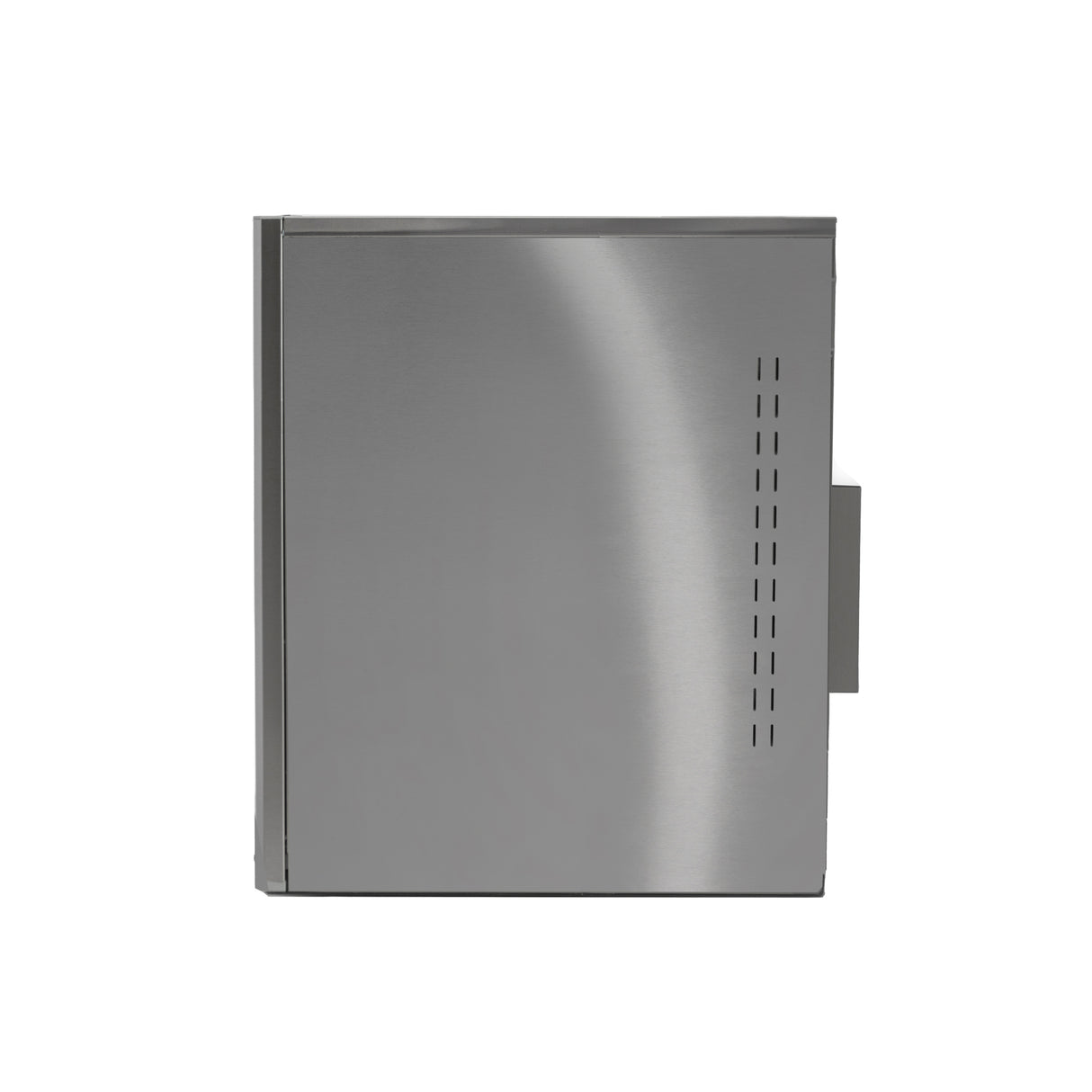 A silver stainless steel box with a smooth, brushed finish, viewed from the side. The side panel features vertical ventilation slits and a rectangular handle protruding on the right—design details of the Prodigy ELITE Eclipse Ice Maker. The background is plain white.