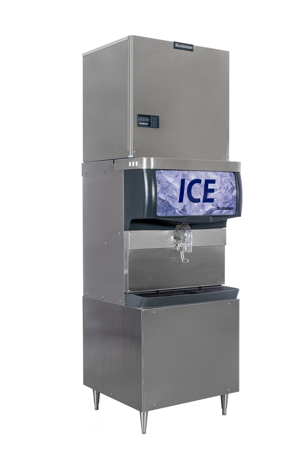 A large Prodigy ELITE® Eclipse® Ice Maker with a stainless steel exterior, digital display, dispenser lever, and ICE printed above an image of ice cubes. This high production ice maker features Bluetooth® connectivity and a modern, industrial design.