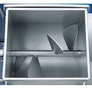 A top-down view of a stainless steel Meat Mixer floor model with a square tank and internal horizontal shaft. Three angled metal paddles attached to the shaft mix contents evenly. Clean, shiny surfaces indicate unused or sanitized equipment.
