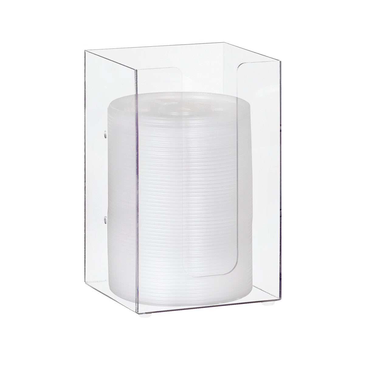 A tall, transparent acrylic organizer holds a stack of white disposable plates neatly inside, with a curved opening on the front for easy access. The modular organizer’s edges and corners are clearly visible.