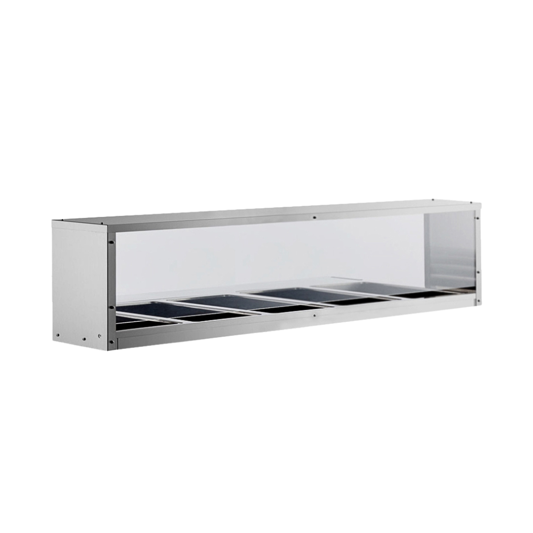 A countertop food display case made of 18/201 stainless steel with a clear glass front and top, divided trays for ingredients or toppings, and an integrated sneeze guard—ideal for salad bars or sandwich stations in restaurants and delis. White background.