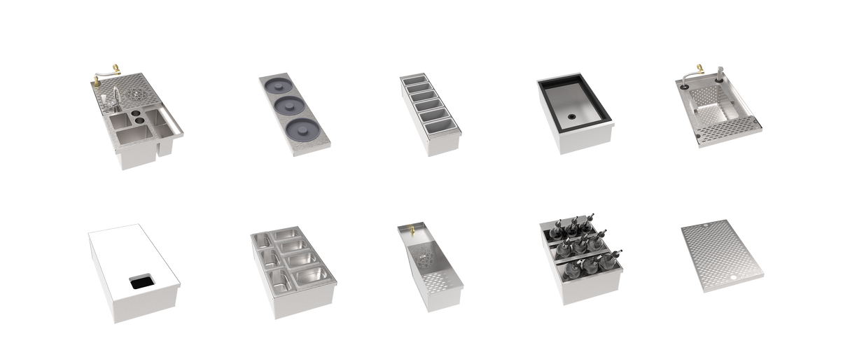 Ten industrial kitchen sink and prep station units, ideal for any bar equipment bundle, are arranged in two rows on a light gray background. Each stainless steel unit features unique configurations with Krowne modular inserts, dispensers, burners, and storage bins.