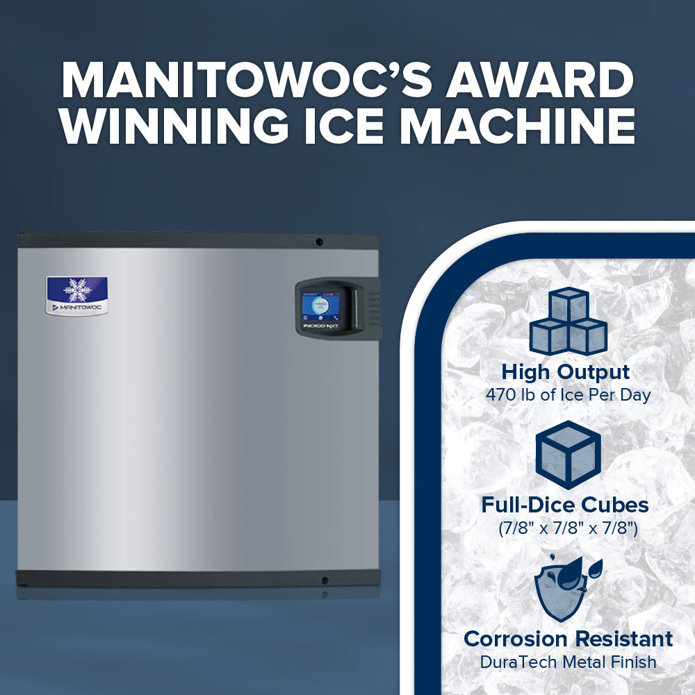 A Manitowoc Indigo NXT cube-style ice machine is shown on the left. On the right, three features are highlighted: high output (470 lb/day), full-dice cubes (7/8 x 7/8 x 7/8), and corrosion resistance with a DuraTech metal finish.