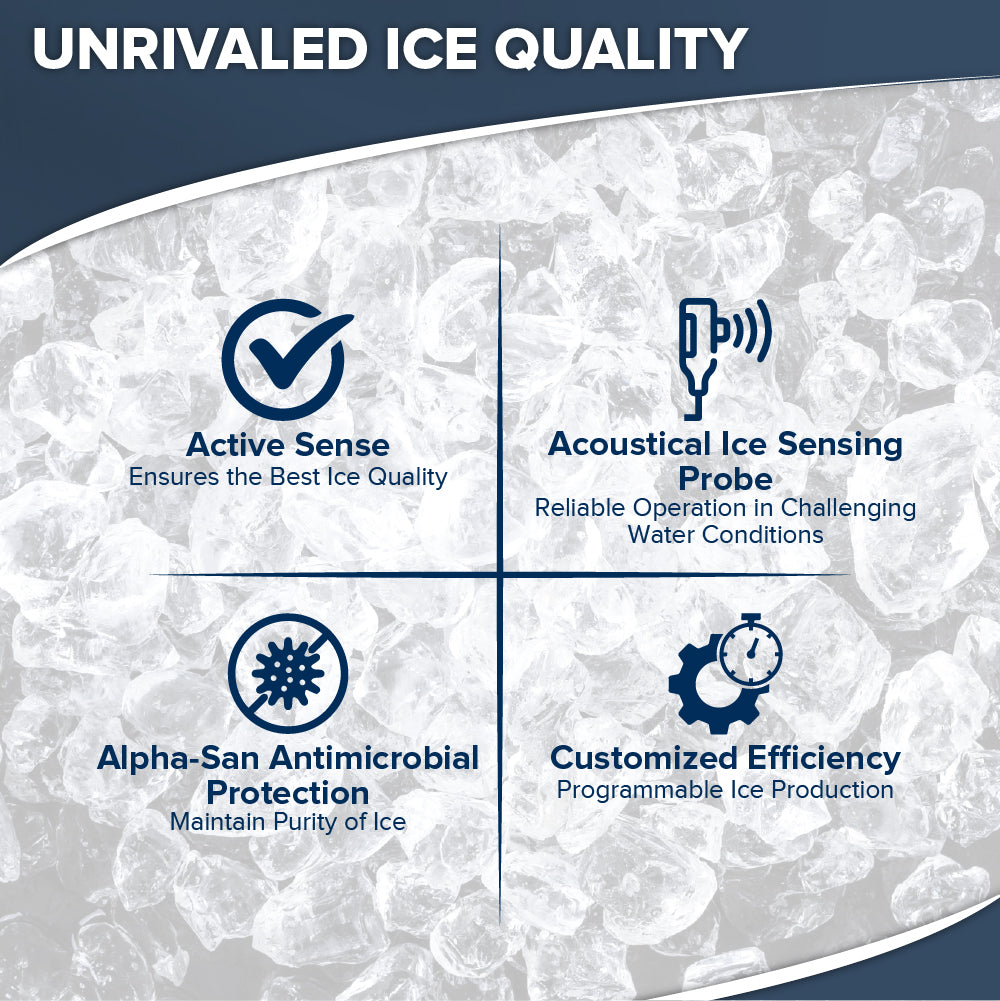 A graphic titled Unrivaled Ice Quality spotlights four features of this air-cooled ice maker: Active Sense, Acoustical Ice Sensing Probe, Alpha-San Antimicrobial Protection, and Customized Efficiency—displayed over a crisp background of ice.