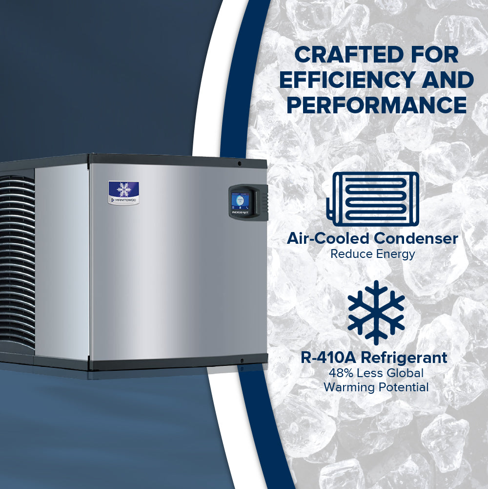 A silver, box-shaped ice maker with vents and a digital display stands on a bed of ice. Text highlights features: “Crafted for efficiency,” “Air-cooled self-contained condenser—reduce energy,” and “R-410A refrigerant—48% less global warming potential.”.
