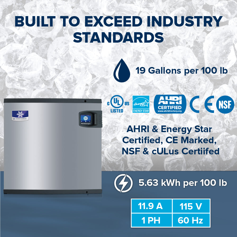 A commercial air-cooled ice maker with a self-contained condenser and right-side control panel is shown. Text highlights its certifications and performance: 19 gallons water/100 lb ice, 5.63 kWh/100 lb, 11.9 A, 115 V, 1 PH, 60 Hz.