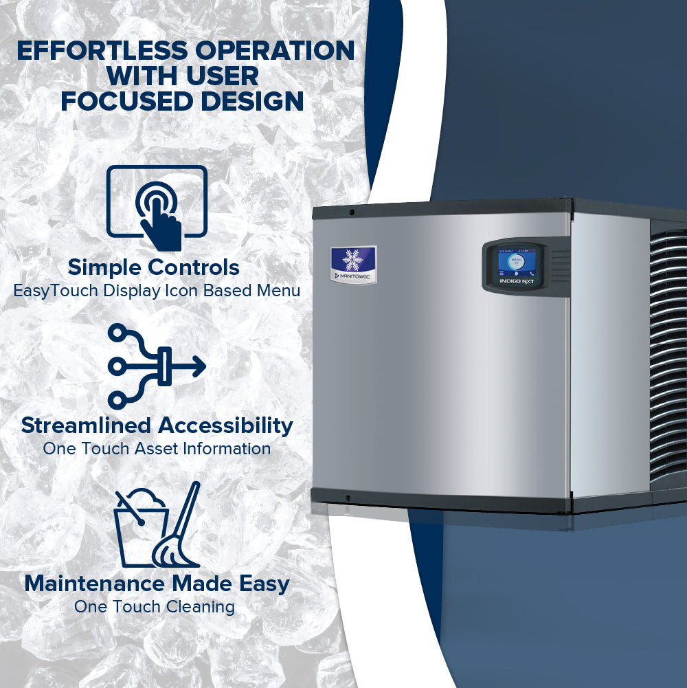 A stainless steel Indigo NXT ice maker is shown on the right. On the left, three icons explain features: simple controls, streamlined accessibility, and easy maintenance. The background features ice cubes and a heading: “Effortless operation with user focused design.”.