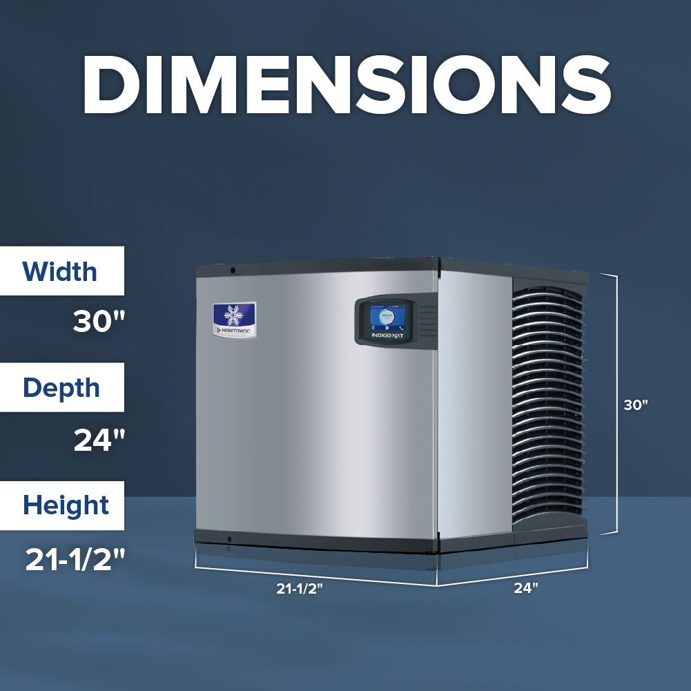 A commercial ice machine, such as the Indigo NXT Ice Maker, is shown on a blue background with labeled dimensions: width 30 inches, depth 24 inches, and height 21.5 inches. The silver air-cooled ice maker features a digital display and vented sides.