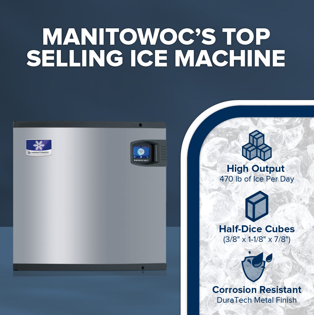 A Manitowoc Indigo NXT Ice Maker is shown on the left, with bold text above reading MANITOWOCS TOP SELLING COMMERCIAL ICE MAKER. On the right, three features are listed: High Output (470 lb/day), Half-Dice Cubes, and Corrosion Resistant DuraTech finish.