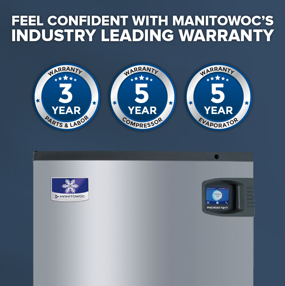 A Manitowoc Indigo NXT air-cooled ice maker with three blue and white warranty badges above it: 3-Year Parts & Labor Warranty, 5-Year Compressor Warranty, and 5-Year Evaporator Warranty. Text above reads, “Feel confident with Manitowoc’s industry leading warranty.”.