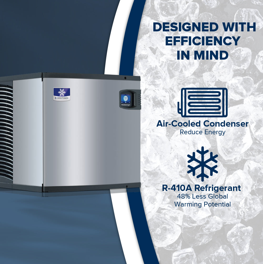 A commercial ice maker, like the Indigo NXT Ice Maker, is shown on the left. On the right, text highlights its air-cooled condenser for energy reduction and R-410A refrigerant’s lower global warming potential over an ice cube background.