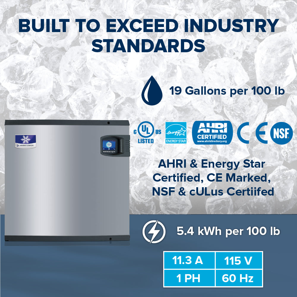 A commercial ice maker sits in front of a pile of ice cubes. Text highlights features: “BUILT TO EXCEED INDUSTRY STANDARDS,” Indigo NXT Ice Maker, air-cooled ice machine, 19 gal/100 lb, 5.4 kWh/100 lb, 11.3 amps, 115V, and certification logos.