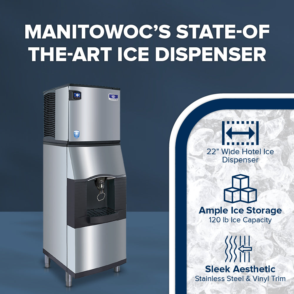 A silver Manitowoc vending ice dispenser stands on a dark blue background. Text above reads “MANITOWOC’S STATE-OF-THE-ART ICE DISPENSER.” Icons highlight bucket filling, a 120 lb capacity, and a touchless lever for easy, hygienic use.