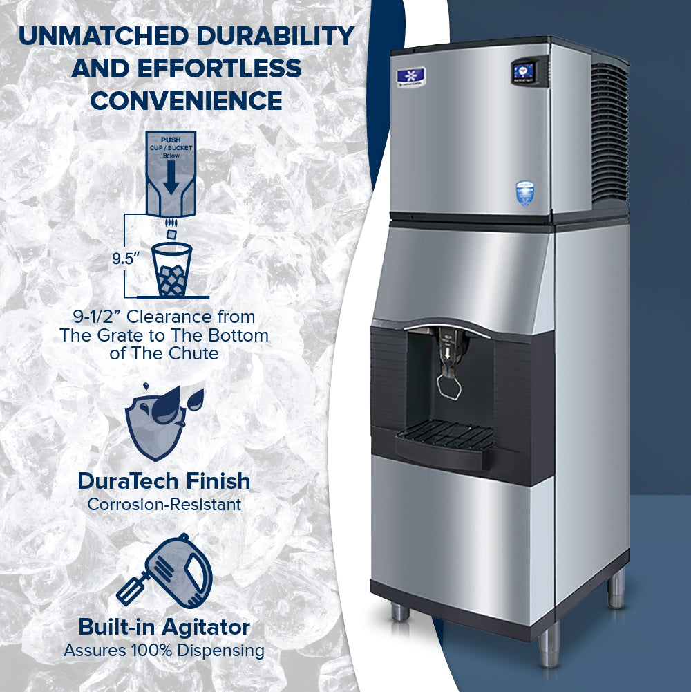 A large commercial Vending Ice Dispenser with a metal finish stands on the right, dispensing ice into a cup using a touchless lever. On the left, icons highlight 9.5-inch clearance, corrosion-resistant DuraTech finish, and efficient bucket filling. Background shows ice cubes.
