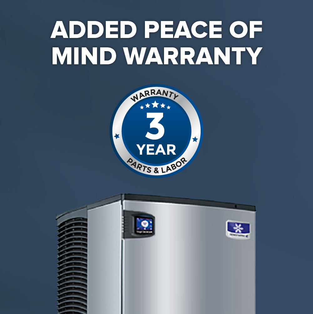 A stainless steel Vending Ice Dispenser with a blue logo is shown against a dark blue background. Above it, bold white text reads, ADDED PEACE OF MIND WARRANTY. A circular blue and silver badge states, WARRANTY 3 YEAR PARTS & LABOR.