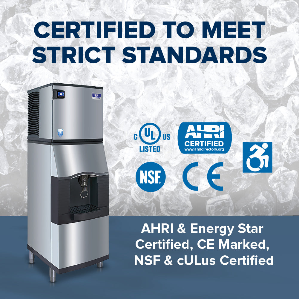 A Vending Ice Dispenser stands on an ice background. Certifications and logos, including AHRI, cULus, NSF, and accessibility, are shown. Features like bucket filling and a touchless lever ensure convenience and hygiene. CERTIFIED TO MEET STRICT STANDARDS.