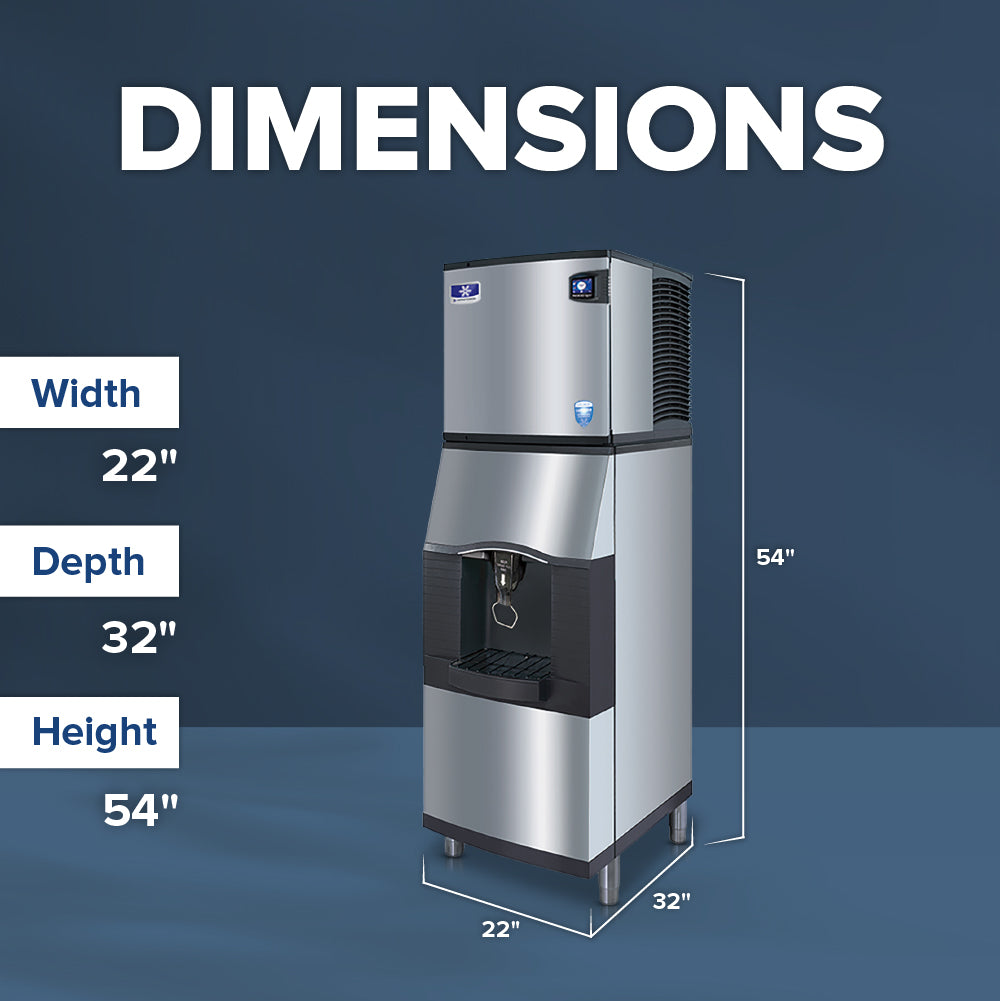 A stainless steel Vending Ice Dispenser stands against a blue background. White text above reads “DIMENSIONS.” To the left, measurements show: Width 22, Depth 32, Height 54. Highlighted features include touchless lever and bucket filling.