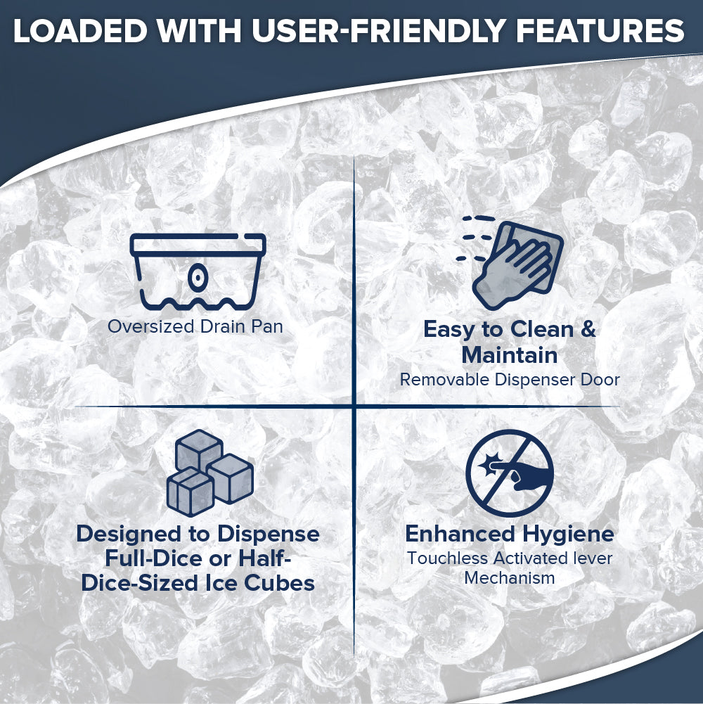 Infographic on an ice background highlights four features: oversized drain pan, easy-to-clean removable dispenser door, full, half, or dice-sized ice cubes dispensing, and enhanced hygiene with a touchless lever vending ice dispenser.