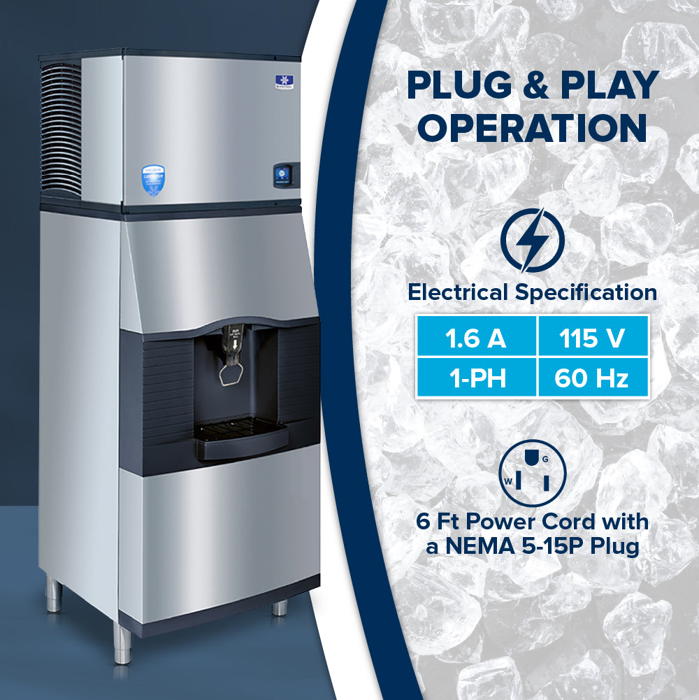 A commercial vending ice dispenser with a cup beneath the touchless lever is shown. Text beside it reads: Plug & Play Operation, listing specs—1.6 A, 115 V, 1-PH, 60 Hz, plus a 6-foot power cord with NEMA 5-15P plug—on an ice background.