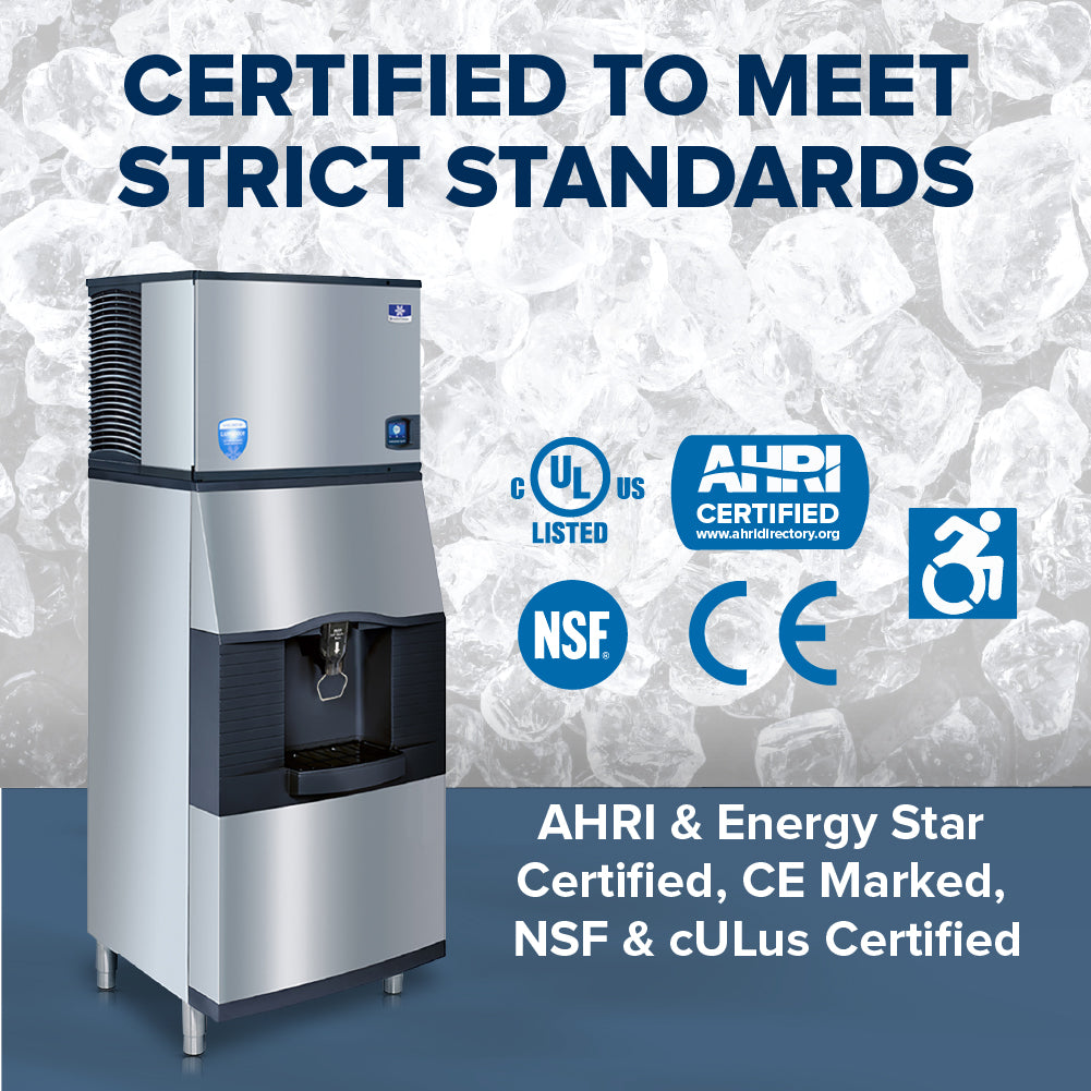 A large stainless steel ice and water dispenser with a touchless lever sits in front of a background of ice cubes. Text reads: “CERTIFIED TO MEET STRICT STANDARDS.” Logos for cULus, AHRI, NSF, CE, and accessibility are shown.