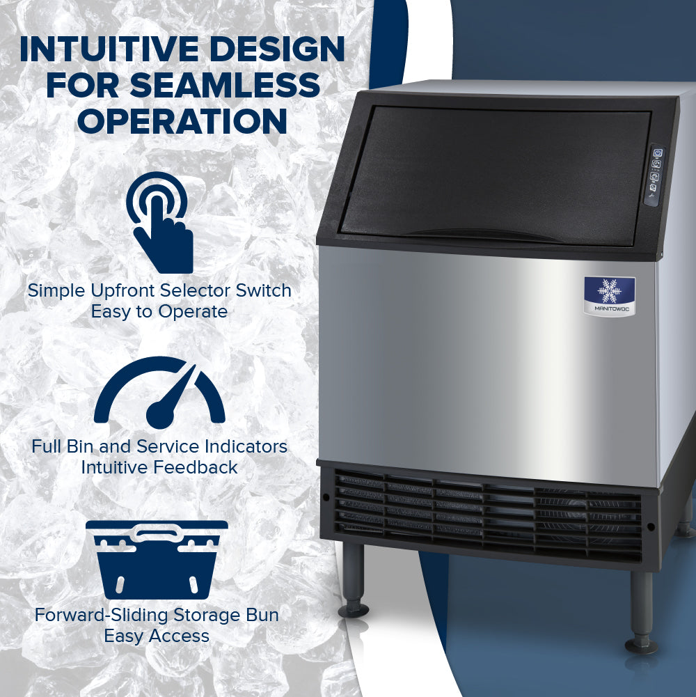A Manitowoc ice machine with a black front panel and stainless steel body is shown. Overlaid text highlights features: intuitive design, simple selector switch, easy feedback indicators, and a forward-sliding storage bin for access.
