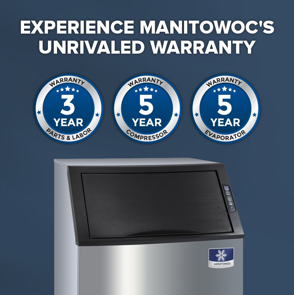 A Manitowoc cube-style ice maker is shown against a blue background. Above it are three blue and white badges: 3 Year Parts & Labor Warranty, 5 Year Compressor Warranty, and 5 Year Evaporator Warranty. Experience Manitowoc’s Unrivaled Warranty.