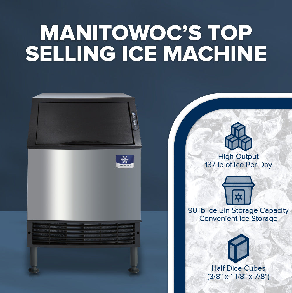 A Manitowoc air-cooled ice machine is displayed on a blue background, featuring high output of 137 lb of ice per day, a 90 lb bin storage capacity, and production of half-dice cubes measuring 3/8 x 1 1/8 x 7/8.