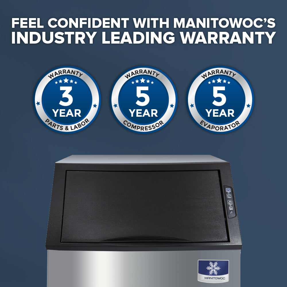 A Manitowoc ice maker is shown below three circular warranty badges: 3 Year Parts & Labor, 5 Year Compressor, and 5 Year Evaporator Warranty. Bold text above reads, Feel confident with Manitowoc’s industry leading warranty.