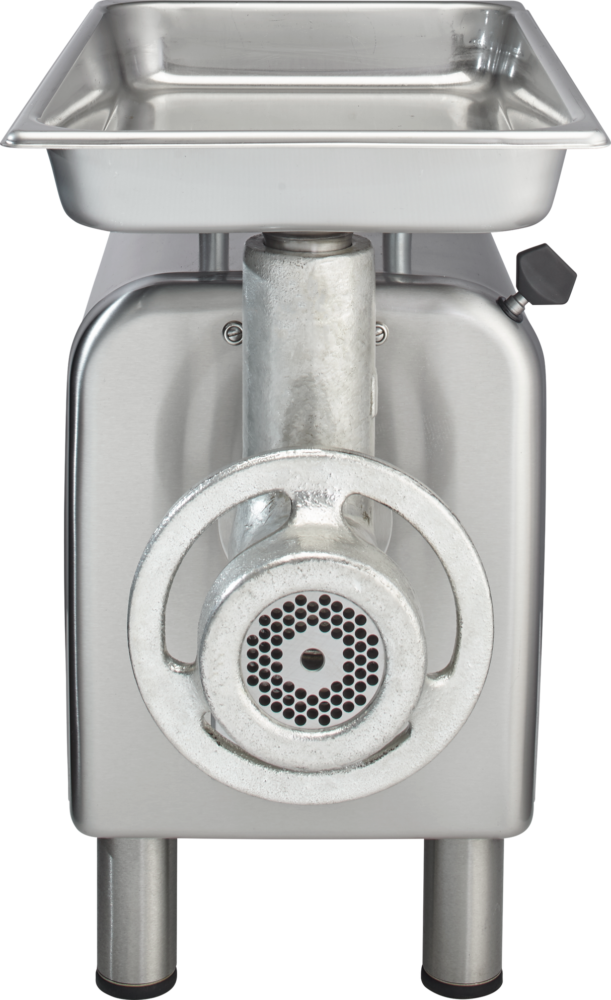 A bench type Meat Chopper is shown from the front. Featuring a stainless steel body, it has a 1/2 HP motor, a rectangular tray on top, a central feed tube, circular perforated grinding plate, two sturdy legs, and a side handle.