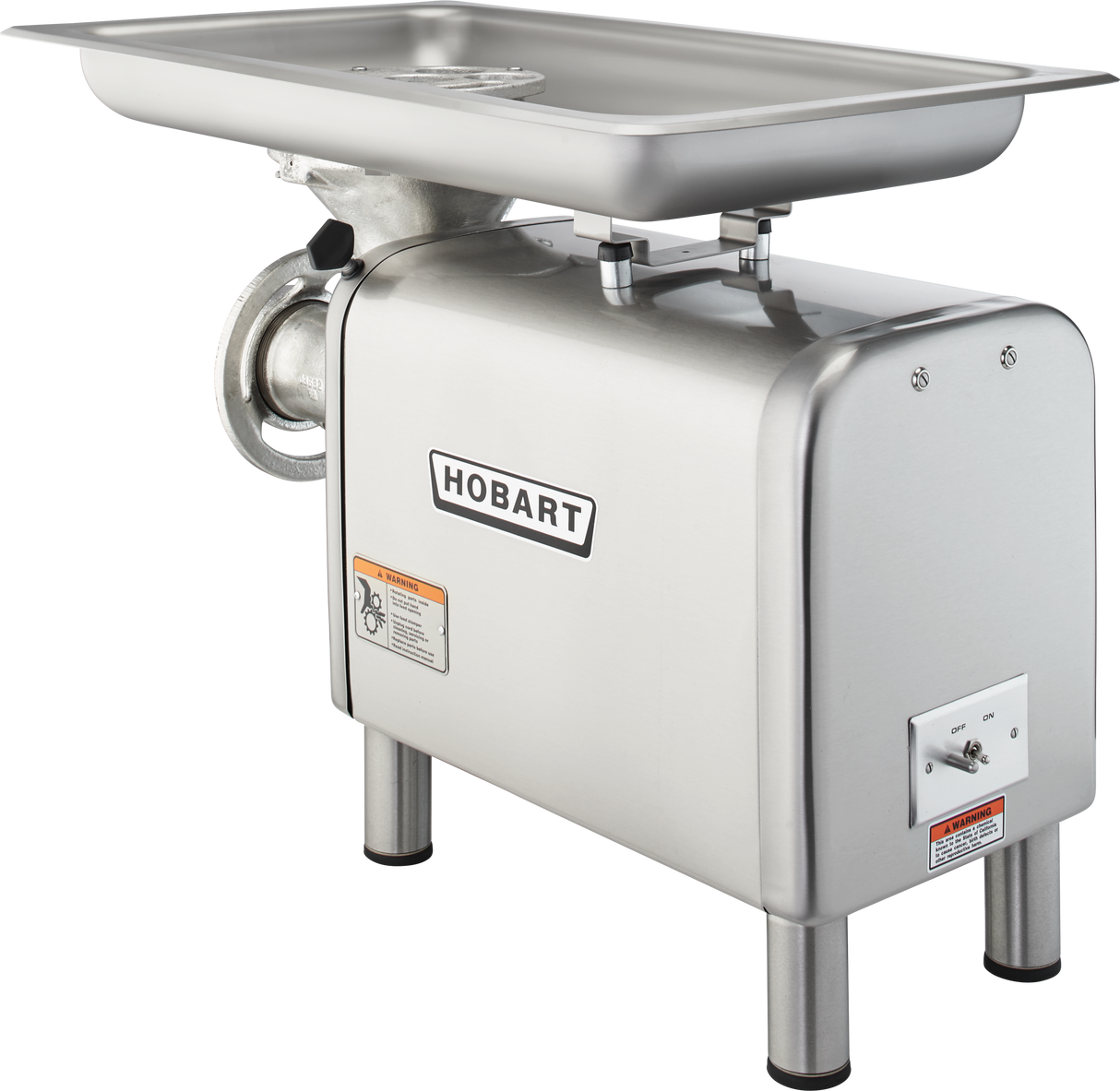 A large stainless steel Hobart Meat Chopper bench type with a 1-1/2 HP motor, featuring a rectangular tray on top, grinding mechanism on the left, sturdy legs, control switches on the side, and the Hobart brand label prominently displayed.