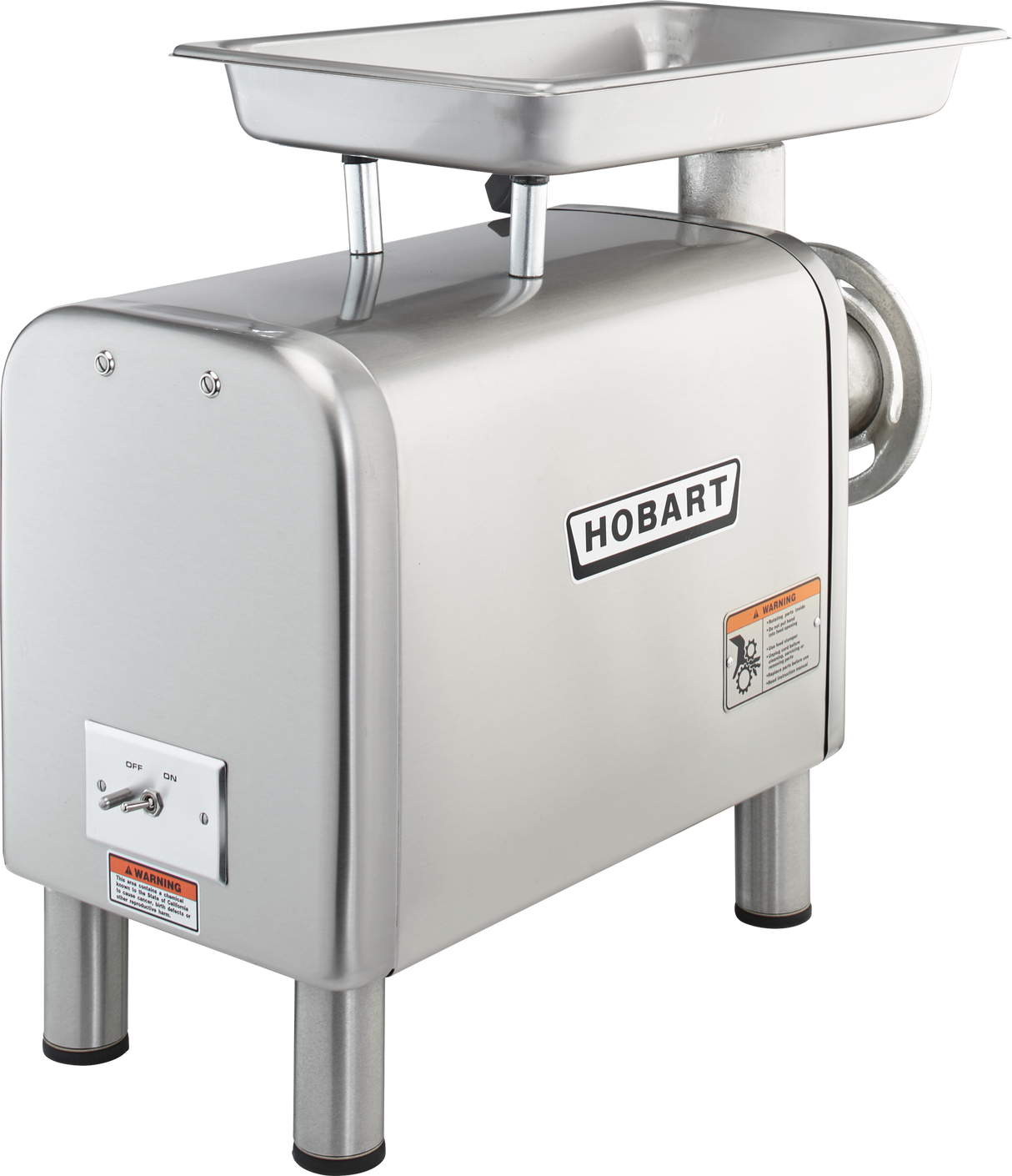 A commercial Hobart bench type Meat Chopper made of stainless steel with a rectangular tray on top, grinding tube on the right, 1-1/2 HP motor, four sturdy legs, control switches on the front, warning labels, and Hobart logo prominently displayed.