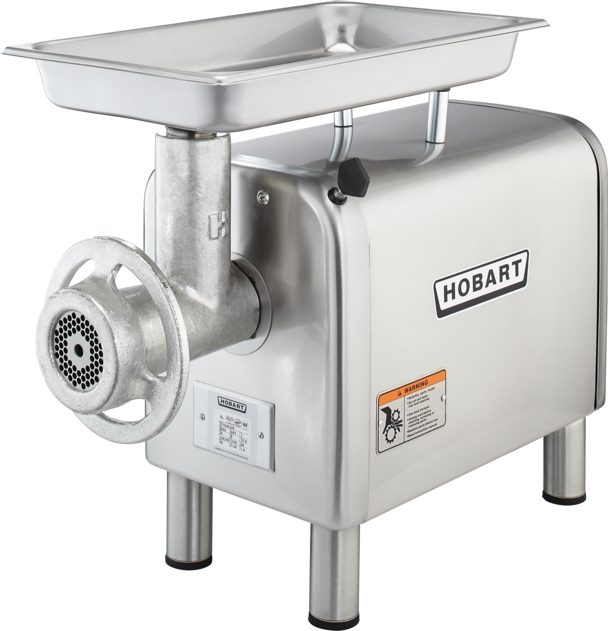A stainless steel Hobart Meat Chopper with a powerful 1-1/2 HP motor features a rectangular feed tray on top, grinding mechanism and disk at the front, and four cylindrical legs. The bench type grinder displays the Hobart logo and several information labels.