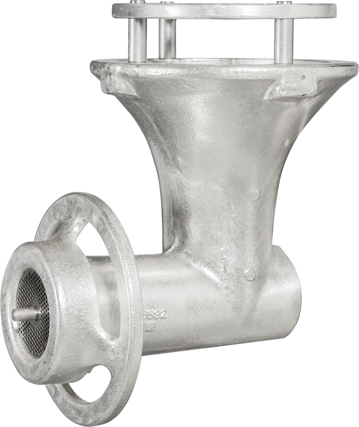 A metal industrial valve with a cylindrical inlet, mesh screen on one end, and a flanged outlet on top. It features a sturdy grind plate and #22 attachment hub, with bolts and matte silver finish, positioned against a plain white background.