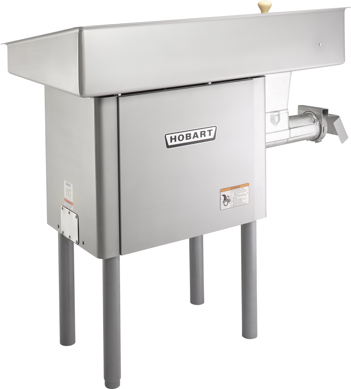 A large Hobart Meat Grinder with a powerful 5 HP motor stands on four gray legs. This stainless steel machine features a rectangular hopper, side-mounted grinding mechanism, and clearly marked control labels on its front and side panels.