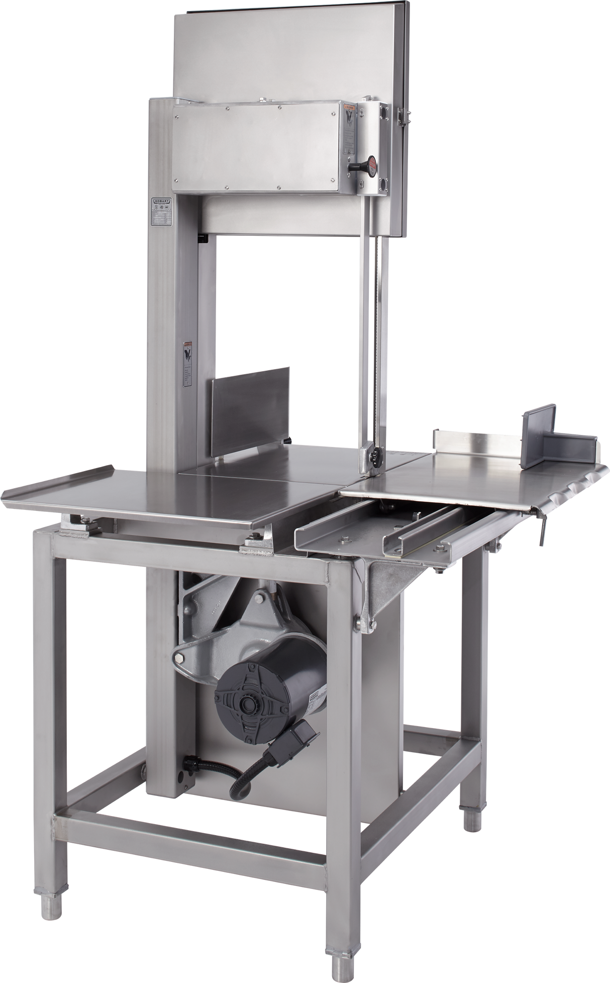 The Hobart 6614-1 stainless steel commercial meat cutting bandsaw features a large flat worktable, vertical blade, safety guard, adjustment knobs, side rails, and sturdy legs—ideal for processing large cuts in industrial settings.
