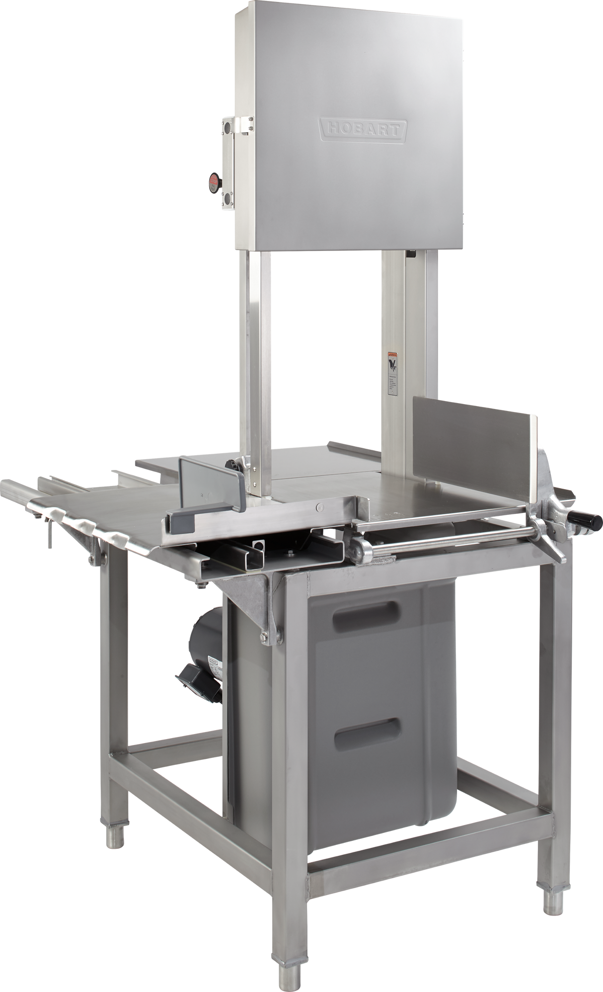A commercial meat saw with a stainless steel frame, vertical cutting blade, adjustable guides, and a large flat work surface. The Hobart 6614-9 includes safety features, storage bin below, and comes with an extra saw blade—ideal for heavy-duty use in professional kitchens.
