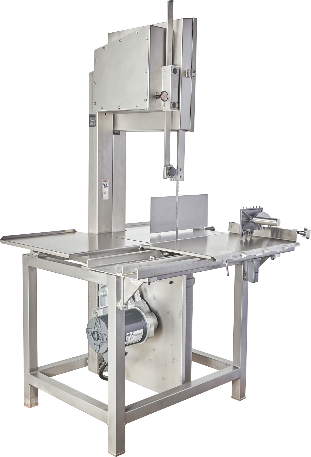 The Hobart 6801-18IP stainless steel commercial meat bandsaw features a large flat worktable, upright saw blade, integrated pusher, safety guards, adjustable guide, control knobs, and motor underneath for efficient slicing of large cuts or bones.