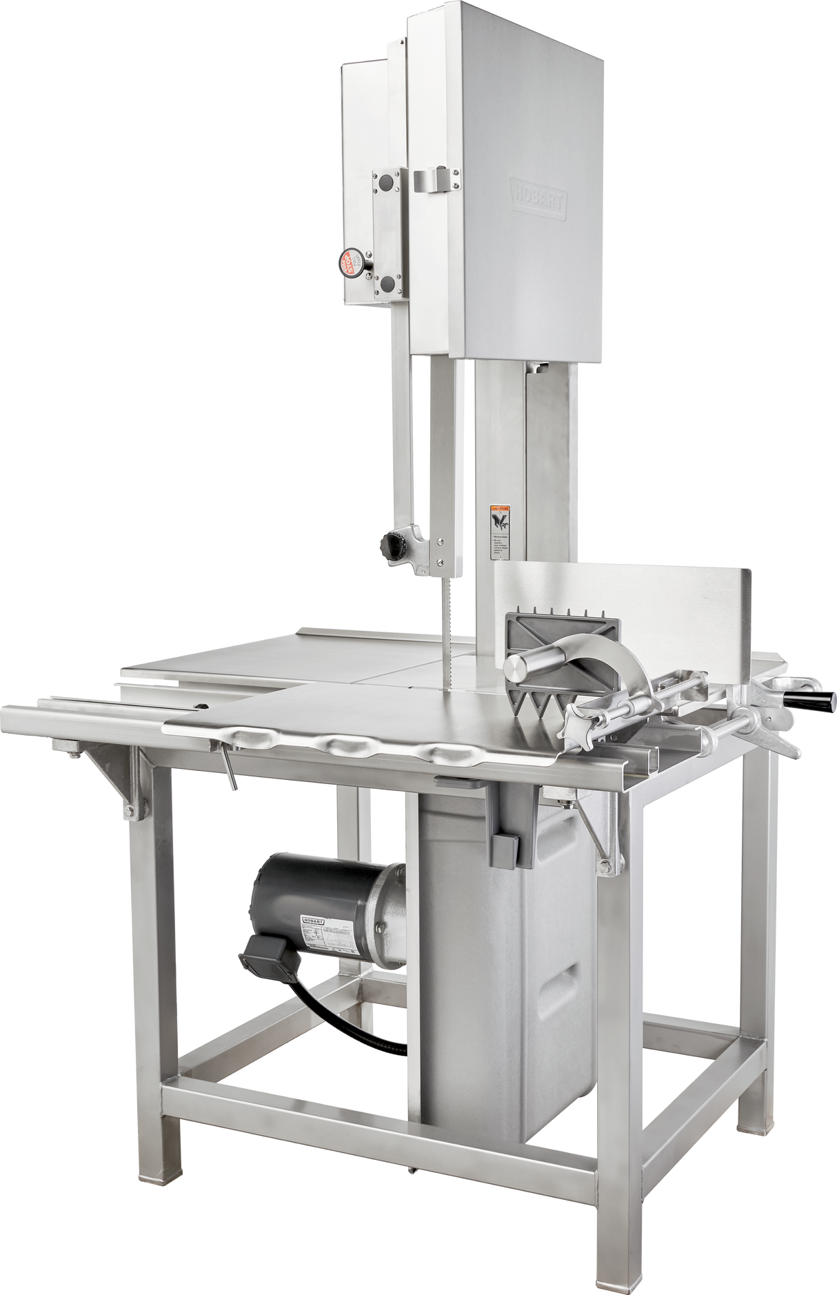 A large industrial meat band saw, like the Hobart 6801-18IP, made of stainless steel with a vertical cutting blade, integrated pusher, metal work table with sliding fence, and motor underneath—ideal for heavy-duty commercial meat or bone cutting.