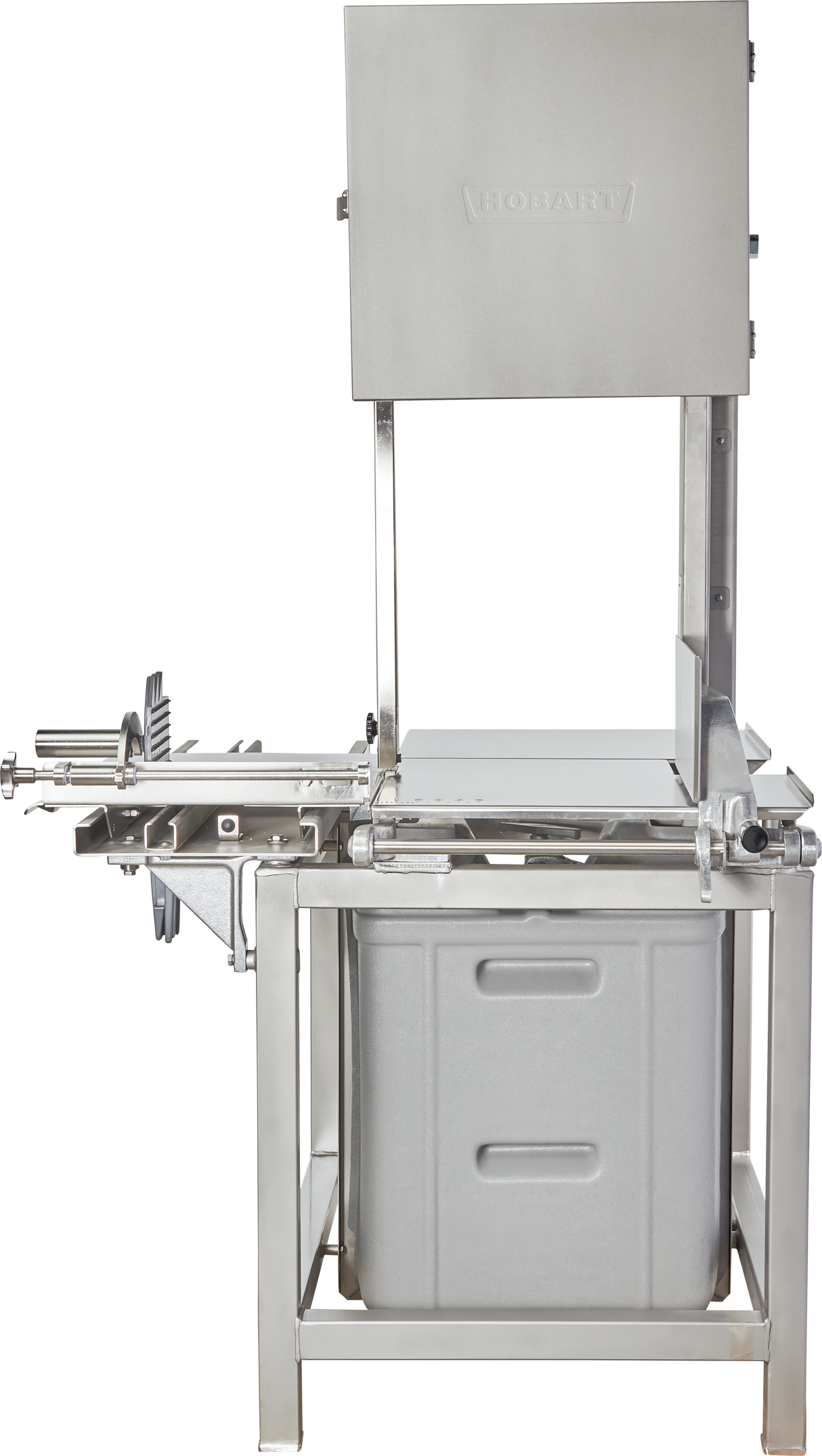 A commercial-grade stainless steel Hobart 6801-18IP meat saw with a sturdy frame, sliding cutting table, integrated pusher, and safety guard. The lower removable tray collects cut pieces. HOBART is labeled on the upper enclosure.
