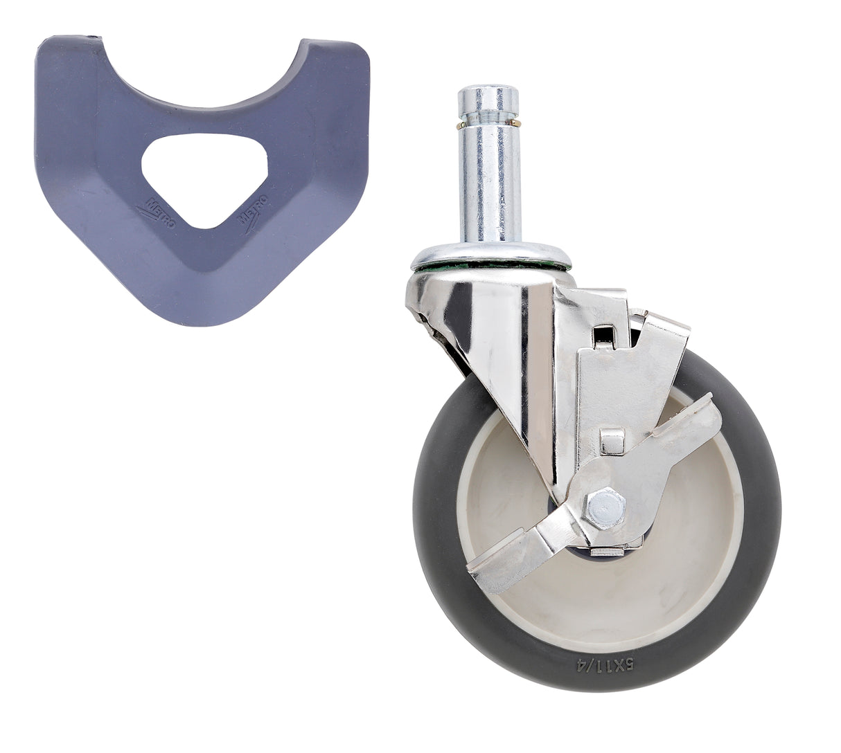 A gray rubber caster wheel with a donut wheel tread, metal bracket, and brake is shown on the right. To the left, a U-shaped gray plastic insert with a triangular opening is displayed. Both items are clean and isolated on a white background.