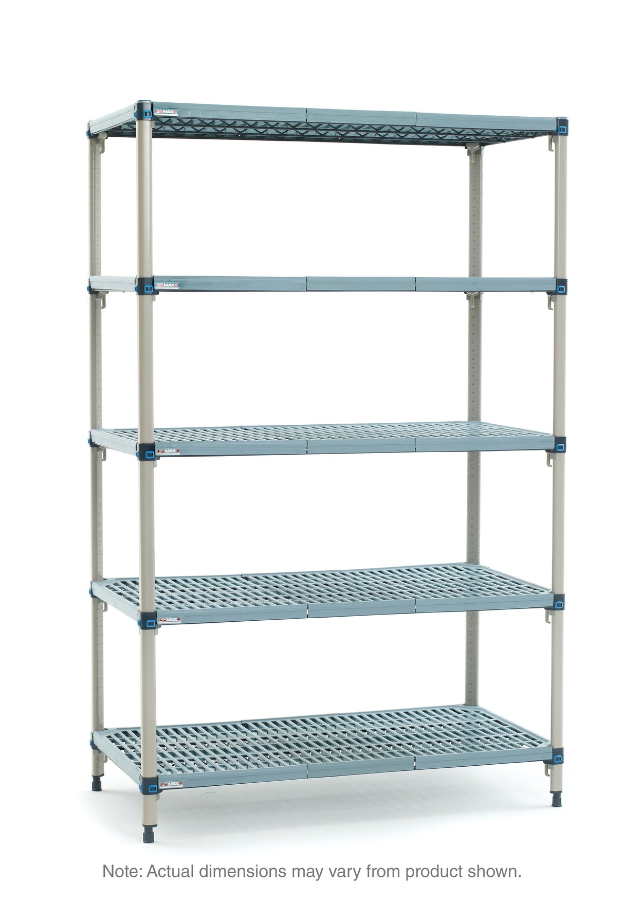 A freestanding, five-shelf MetroMax Q shelving unit features a grey frame and perforated blue shelves. The NSF shelving unit is empty and displayed against a white background. A note below reads: “Actual dimensions may vary from product shown.”.
