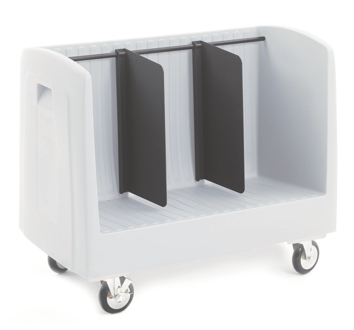 A white tray cart with four caster wheels features two large black Poker Chip Dividers suspended from a black horizontal bar, creating three storage sections. It has a ribbed interior base, smooth rounded edges, and an open top for easy access.