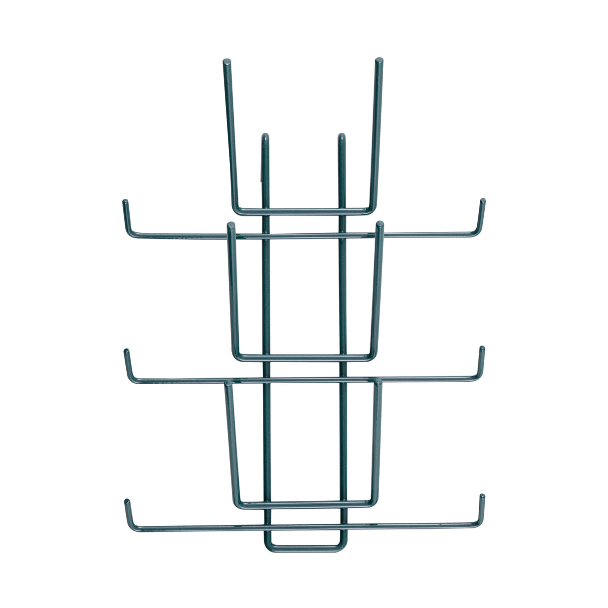 A metal SmartWall Bottle Drying Rack with Metroseal 3 antimicrobial protection, featuring three tiers and six prongs per level in a minimalist, geometric design. Dark-colored, it’s wall-mounted and ideal for organized, hygienic display against a white background.