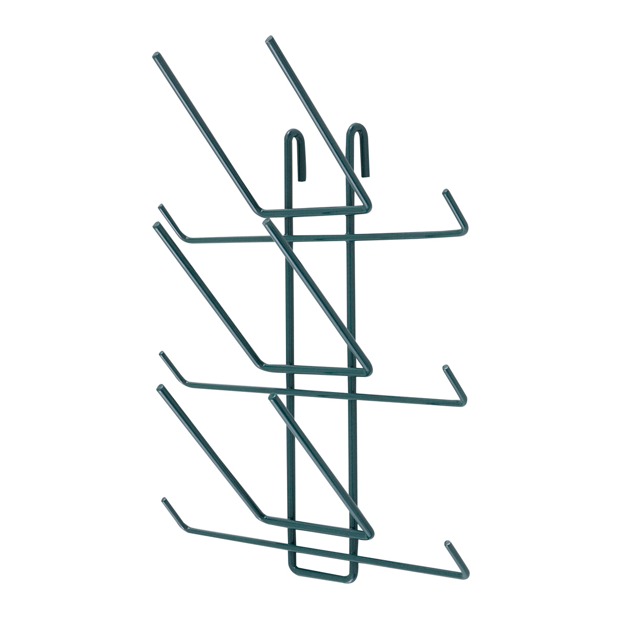 A metal wall-mounted rack with six angled wire arms, arranged in a staggered pattern on both sides of a central vertical support. The Metroseal 3 finish offers antimicrobial protection, making it ideal for organizing files, magazines, or cutting boards.