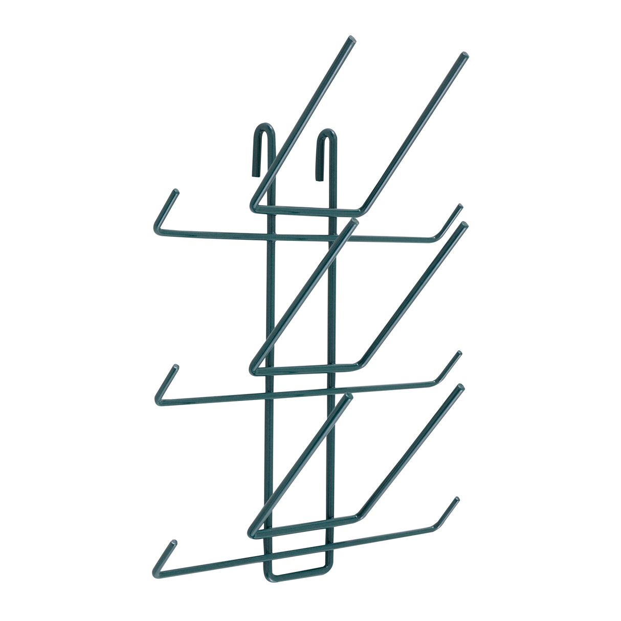 A metal wall-mounted rack with a vertical frame and six angled hooks on each side forms two zigzag tiers for storage. The dark green Metroseal 3 finish offers antimicrobial protection. Two upward hooks at the top allow easy hanging. Background is white.