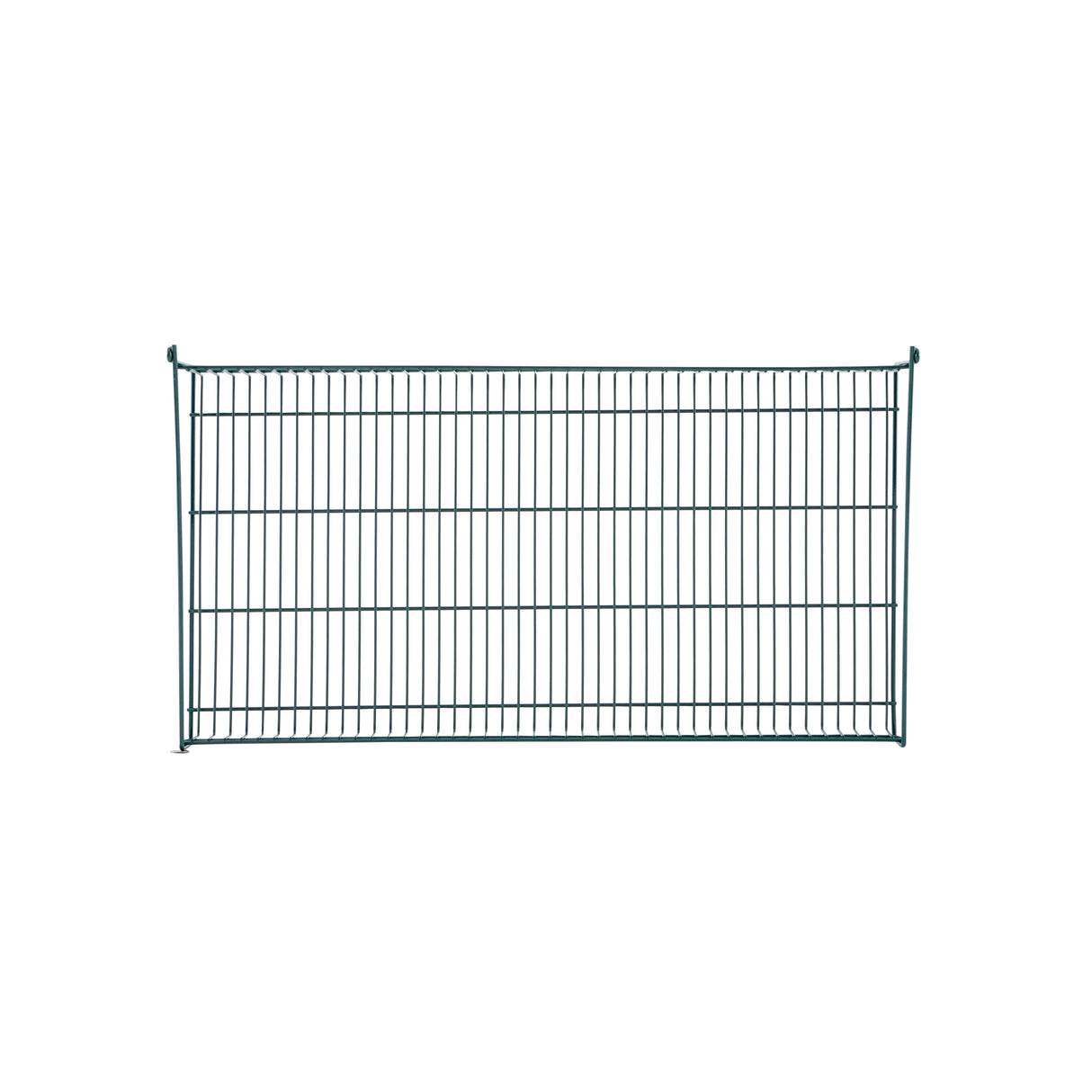 A single green metal wire garden fence panel, similar to a SmartWall Grid Shelf, stands against a plain white background. The rectangular panel features vertical and horizontal wires forming a grid with sturdy supports at each end for a simple, utilitarian look.