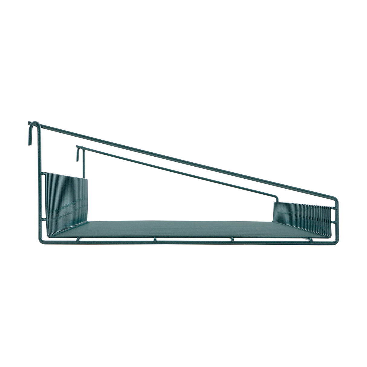 Minimalist, geometric SmartWall Grid Shelf featuring a sloped, rectangular design and open sides. Made of dark green, epoxy-coated metal rods, it has a flat shelf base and angled top bars for an asymmetrical profile.