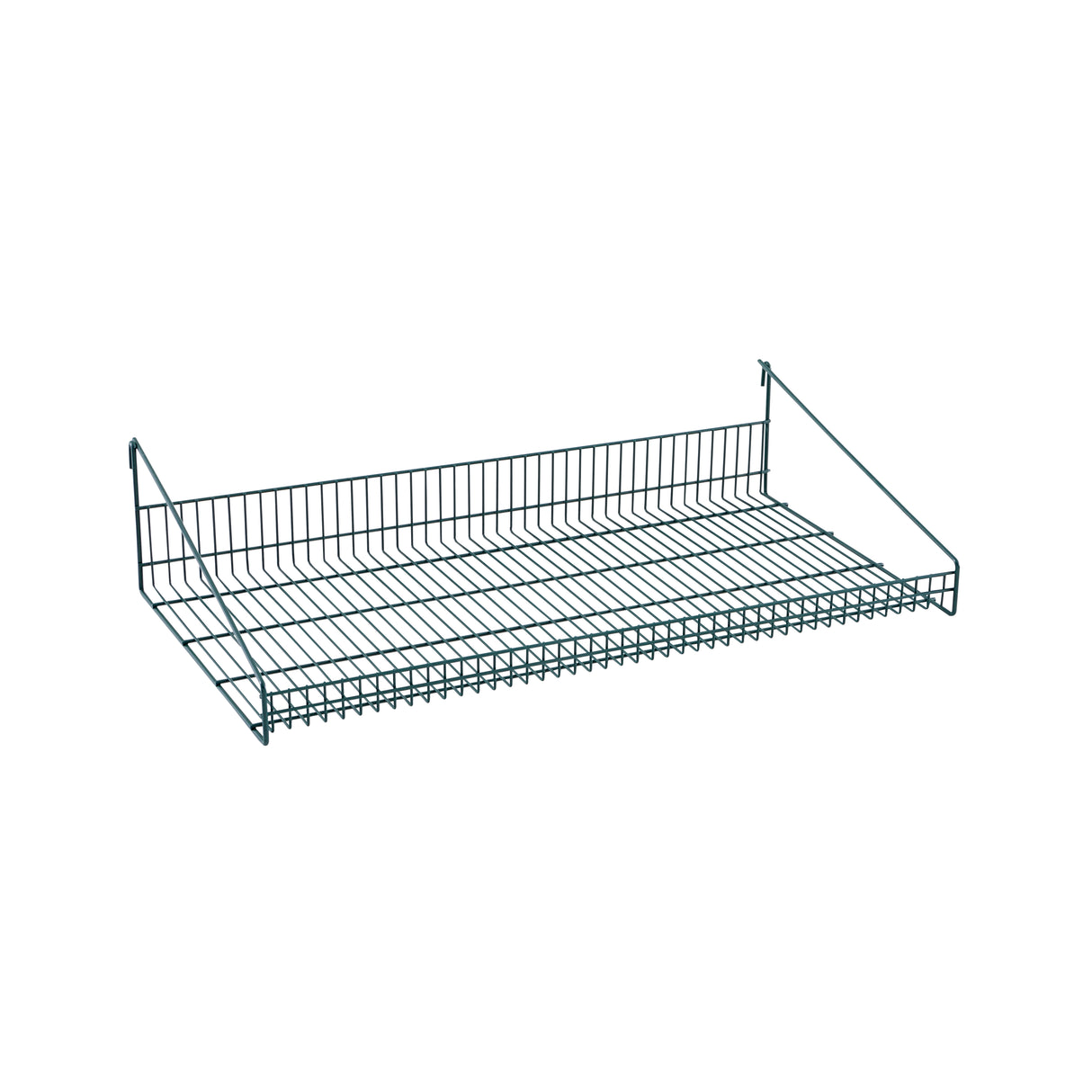 A metal SmartWall Grid Shelf with a rectangular shape, raised edges on three sides, and two angled support arms for wall mounting. The open, airy epoxy-coated shelf allows ventilation, easy visibility, and offers antimicrobial protection for stored items.