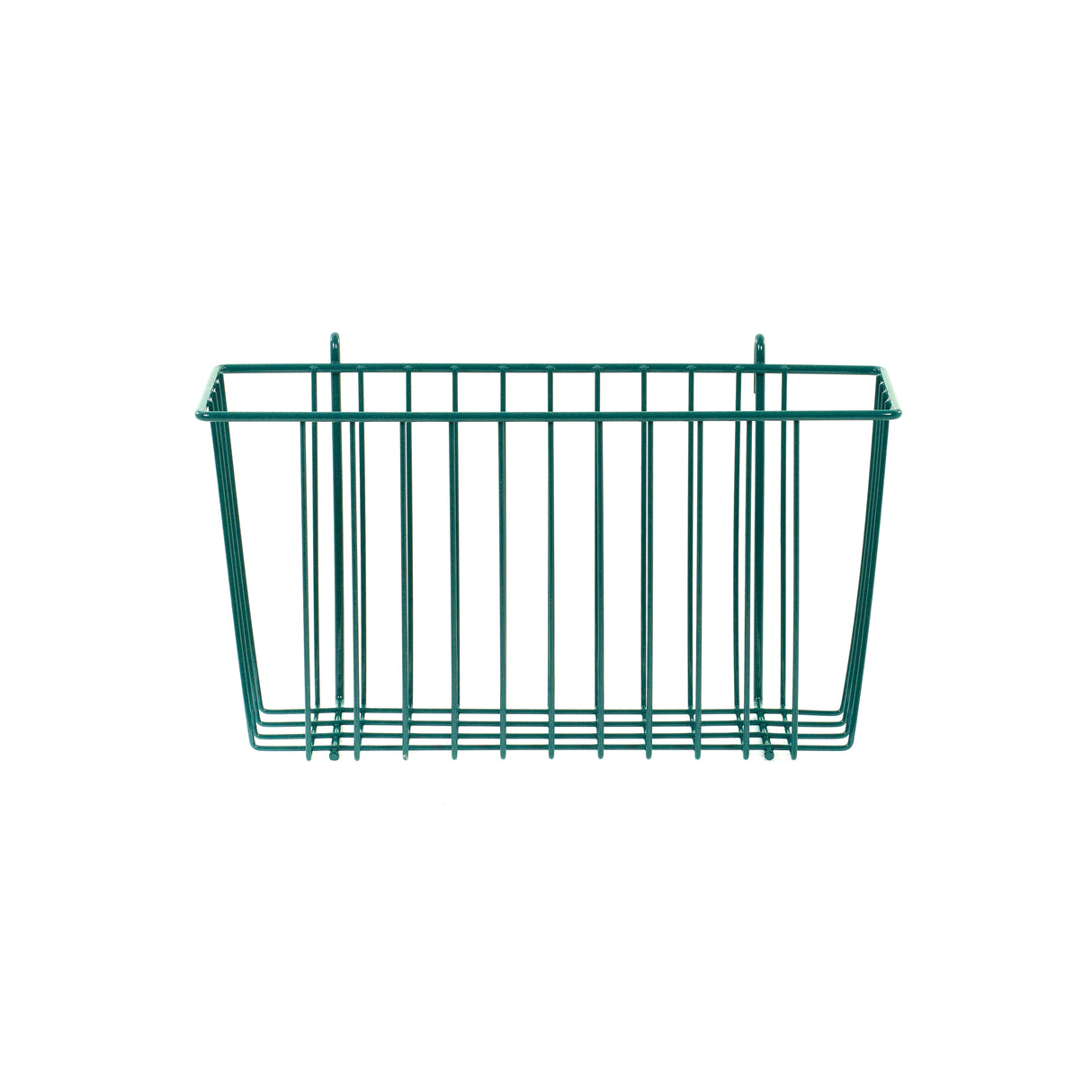 A rectangular teal epoxy-coated SmartWall Storage Basket with an open top and vertical wire bars, photographed against a plain white background. The basket is empty and symmetrical, offering a simple, modern design that suits any space.