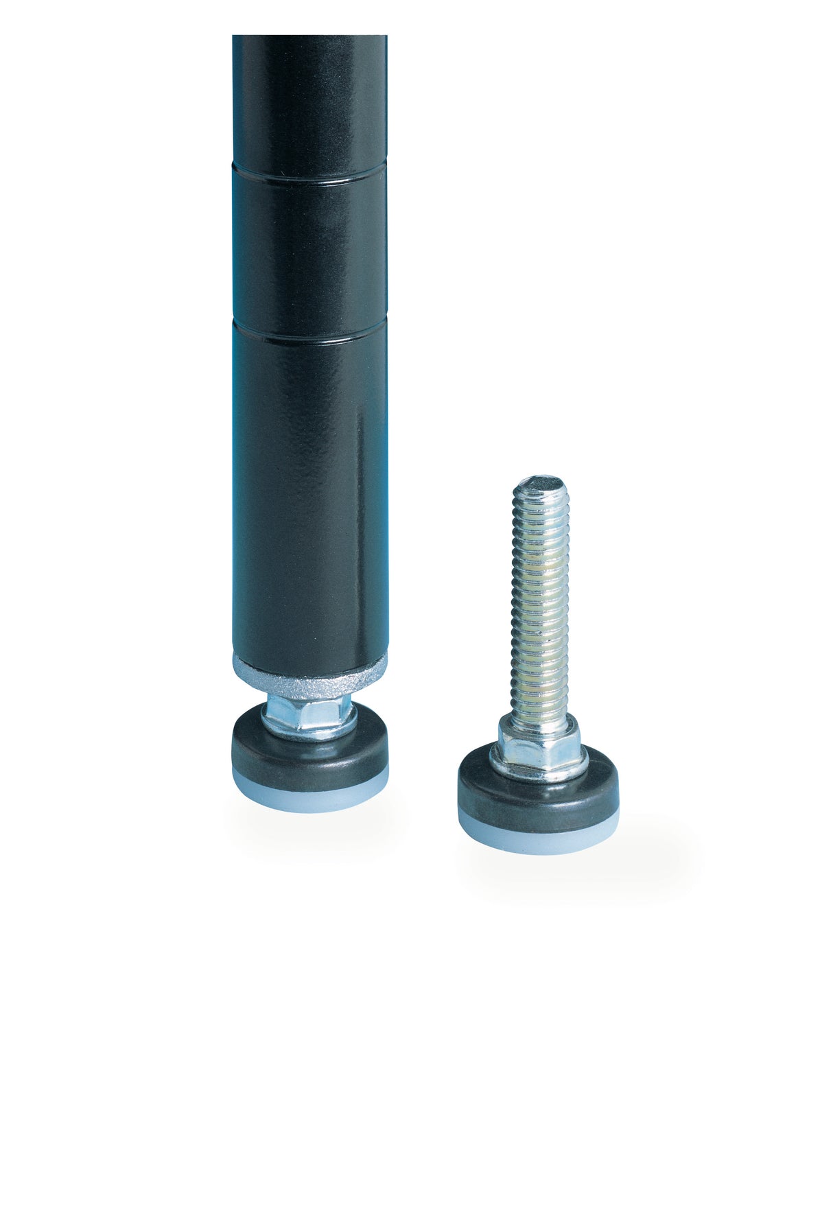 A black cylindrical metal leg with an adjustable Decorative Leveling Foot is shown next to a detached chrome metal leveling screw, both resting on a white background. The leveling screw features threading for secure attachment.